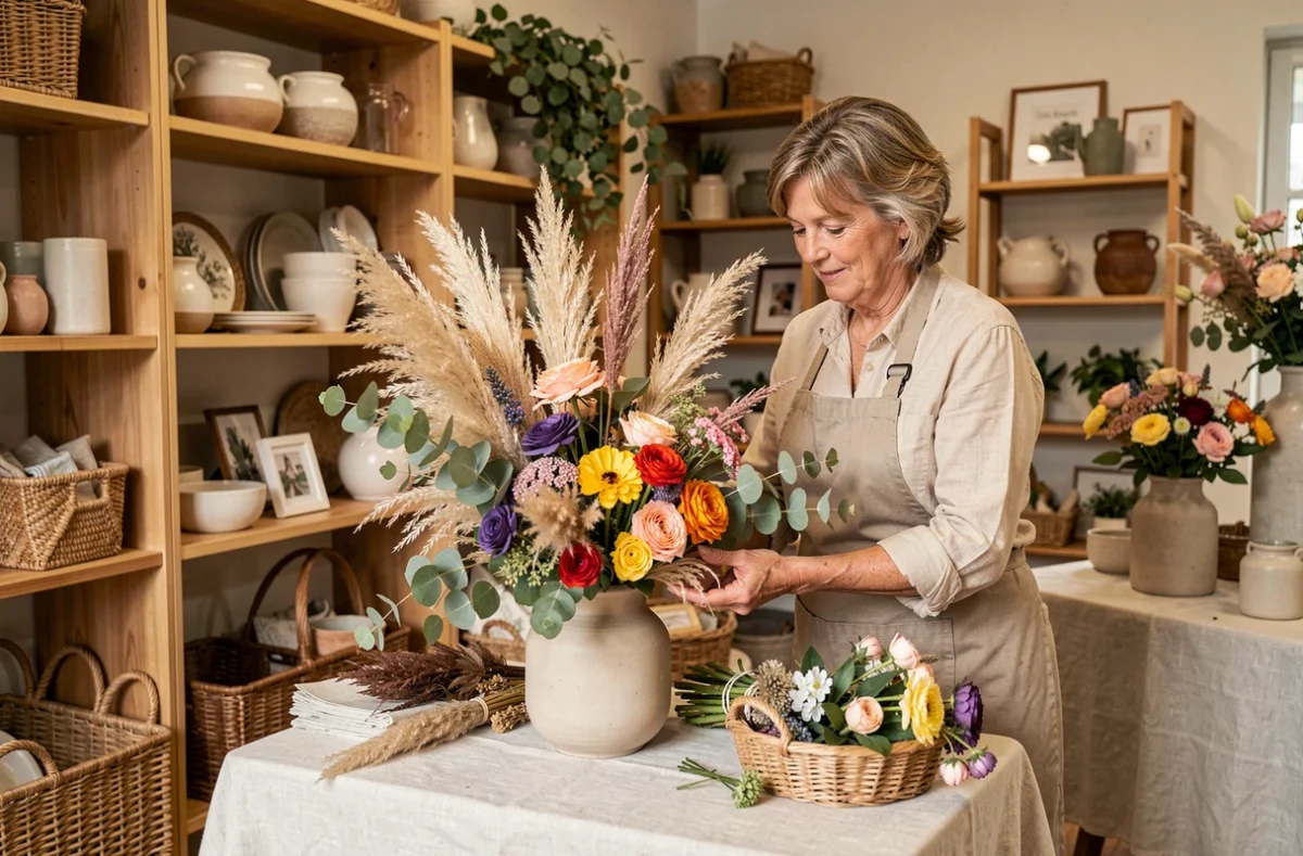 Fleuriste arrangeant une composition mêlant fleurs fraîches et décorations dans la boutique A Fl'Eure Déco