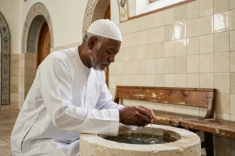 Homme musulman faisant ses ablutions dans une mosquée d'Argenteuil avant l'heure de la prière