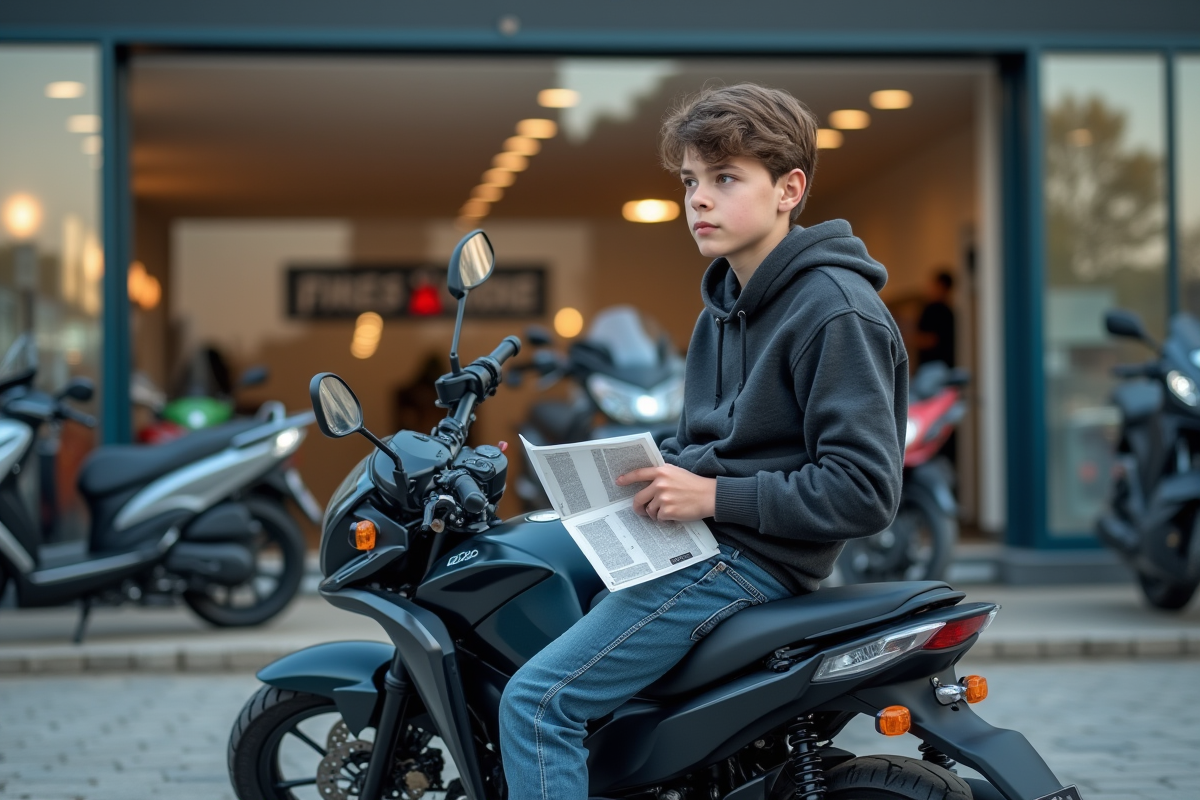 Adolescent assis sur une moto devant un concessionnaire