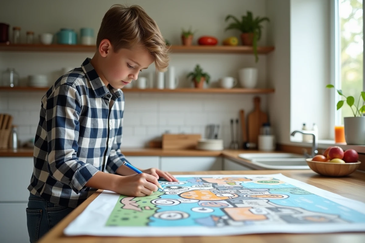Adolescent peignant dans une cuisine lumineuse et accueillante