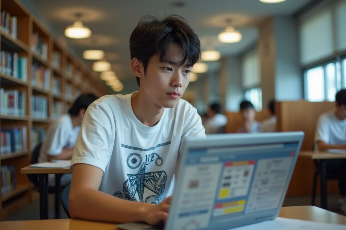 Adolescent en bibliothèque scolaire comparant des sites de lecture de manga légaux et illégaux sur son ordinateur portable