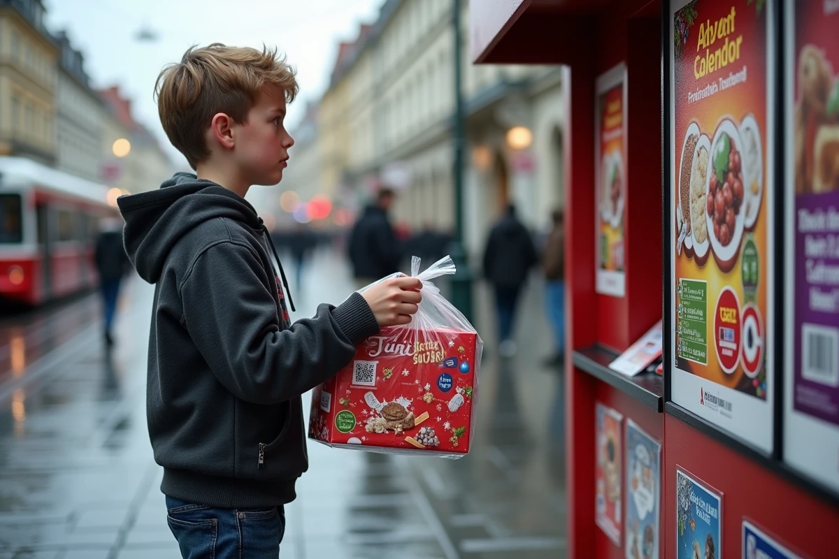 Adolescent devant un kiosque avec calendrier de l
