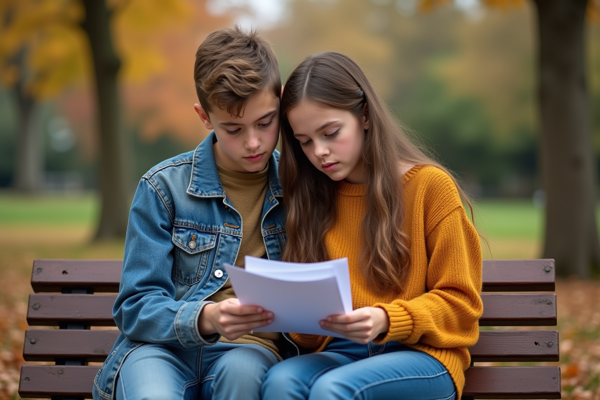Deux adolescents assis sur un banc dans un parc en automne