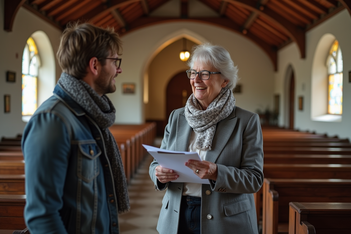 Agent immobilier souriante avec couple dans une église historique