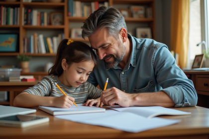Homme aidant une jeune fille avec ses devoirs à la maison