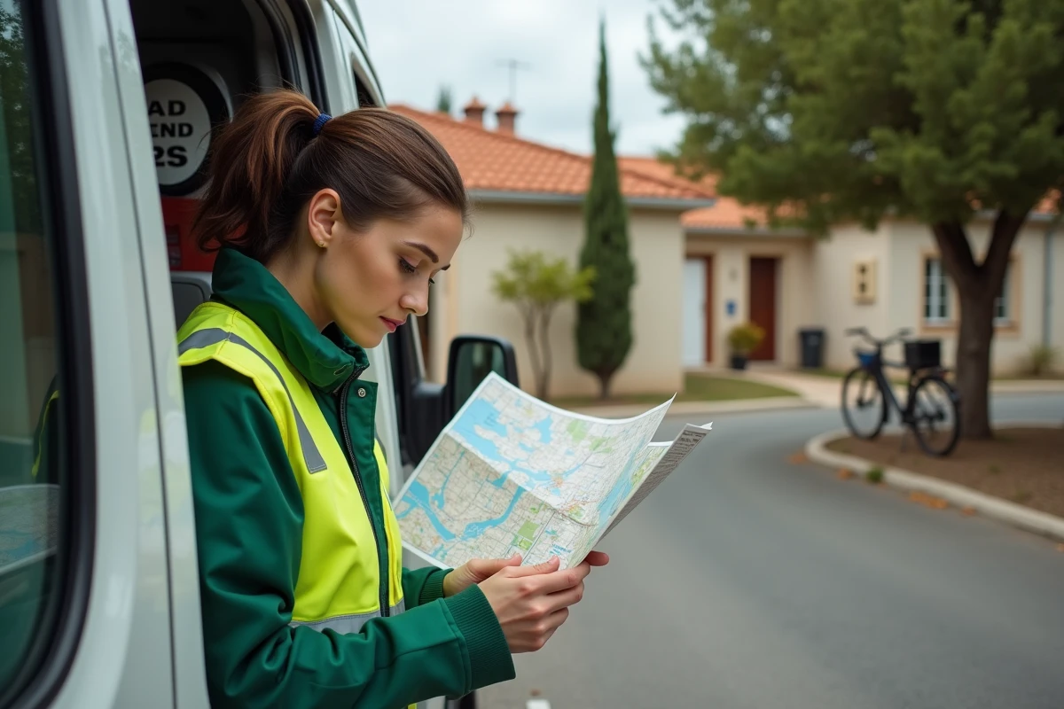 Ambulancière consultant une carte routière depuis son véhicule de secours arrêté devant une impasse résidentielle