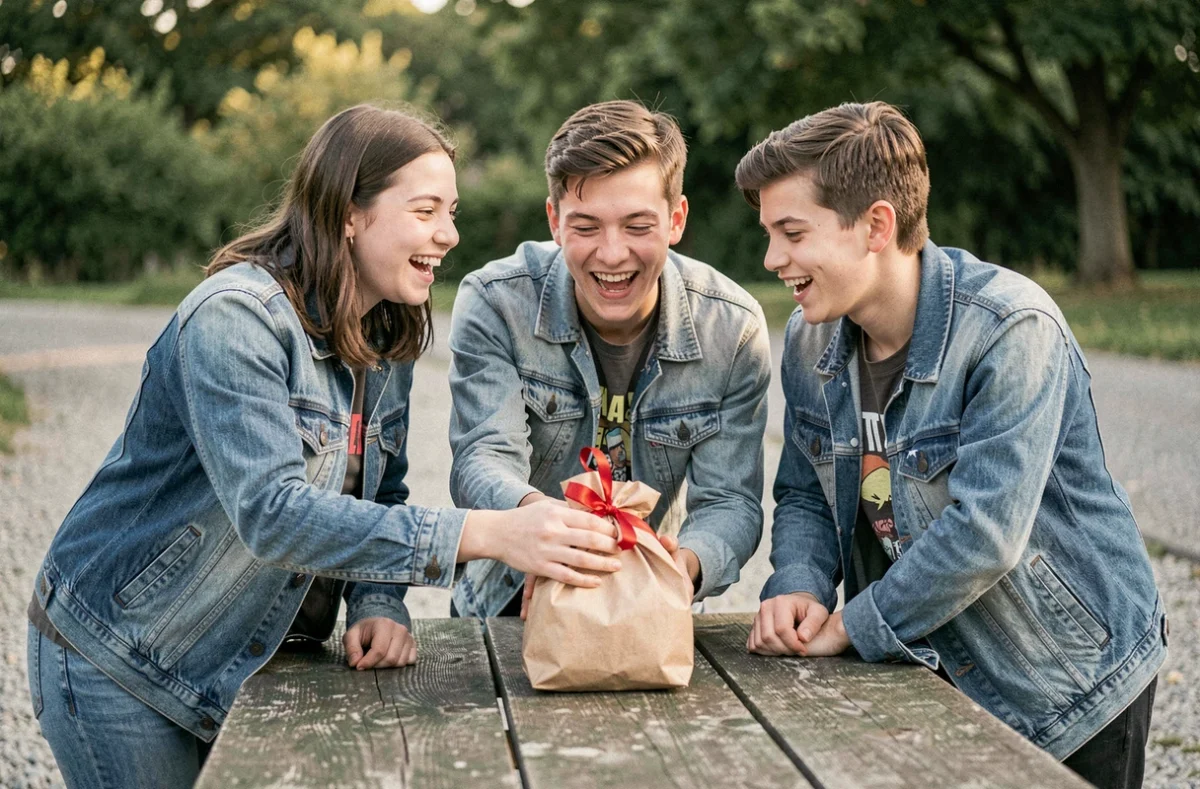 Groupe d'amis adolescents de 16 ans offrant un cadeau dans un parc lors d'une fête d'anniversaire spontanée en plein air