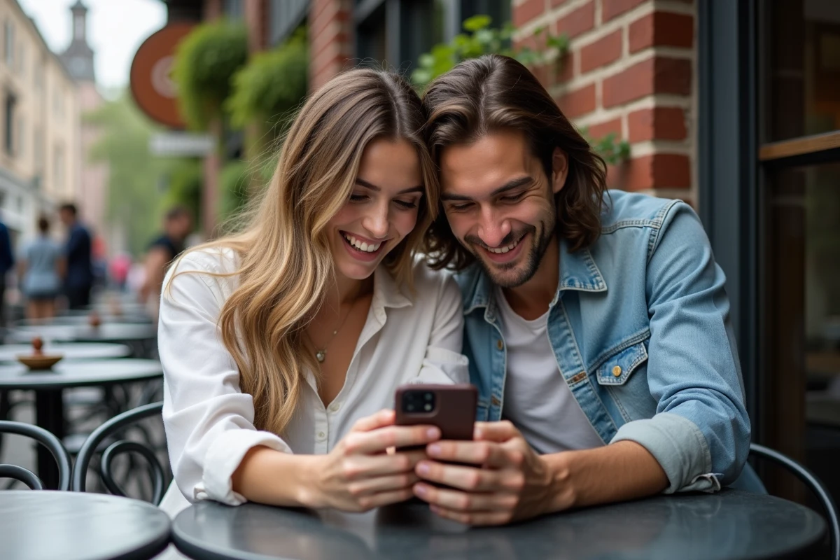 Deux amis attablés en terrasse de café consultant ensemble des liens de dés gratuits Monopoly GO sur smartphone