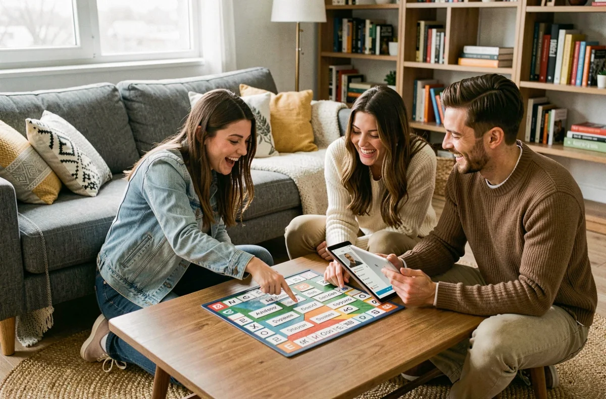 Groupe d'amis jouant à un jeu de mots en utilisant une tablette comme aide intelligente