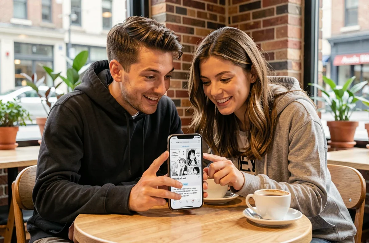 Deux amis partageant la lecture d'un manga en VF sur smartphone dans un café parisien