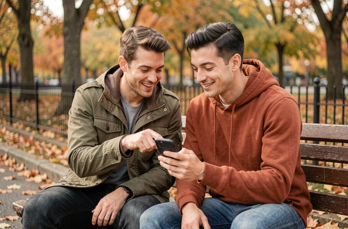 Deux amis sur un banc de parc regardant un téléphone ensemble et discutant d'une réponse à envoyer