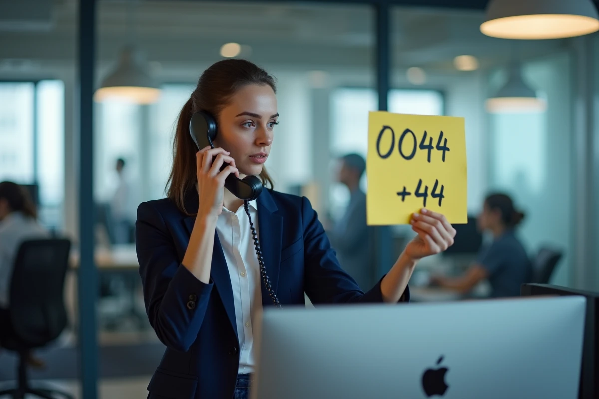 Femme d'affaires passant un appel international avec une note indiquant les formats +44 et 0044 sur son écran