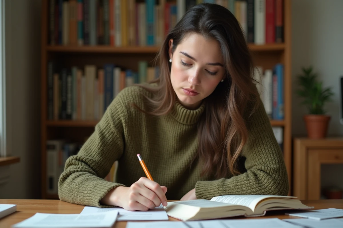 Jeune femme étudiant la grammaire française avec des livres et des notes manuscrites sur un bureau en bois