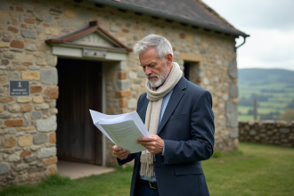 Architecte d age moyen lisant des documents devant une vieille grange