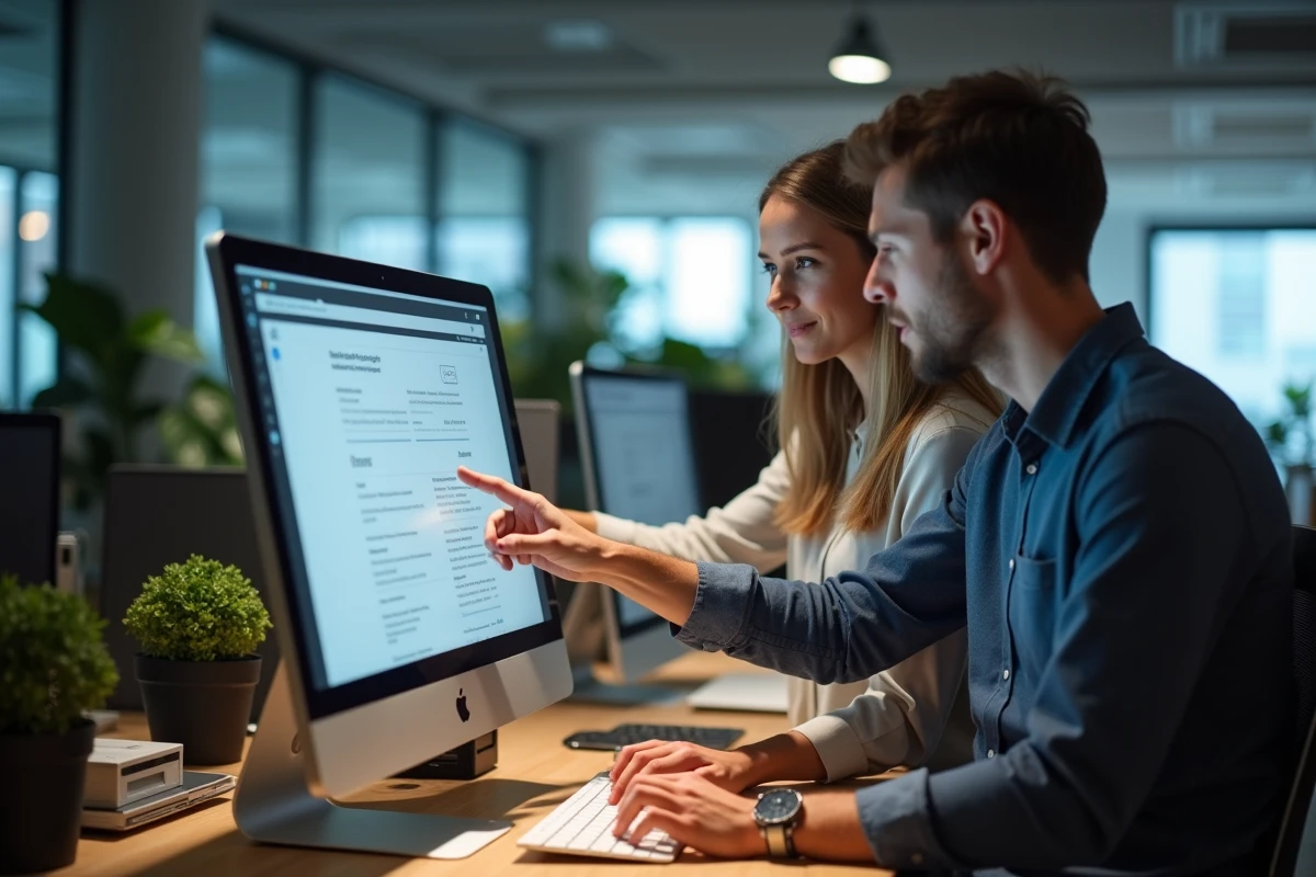Deux collègues discutant de la gestion de l'historique de commandes Amazon sur un ordinateur de bureau en open space