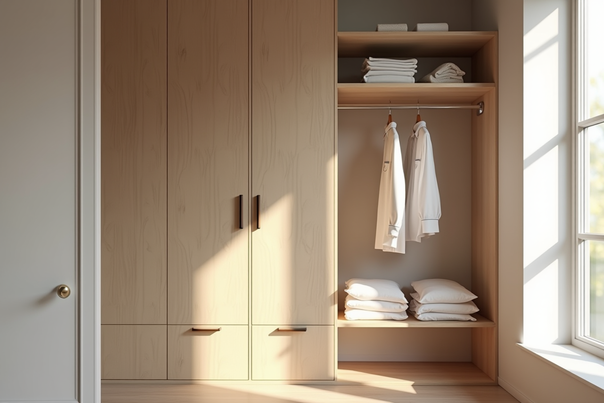 Armoire organisée avec vêtements neutres et pyjamas sur étagères