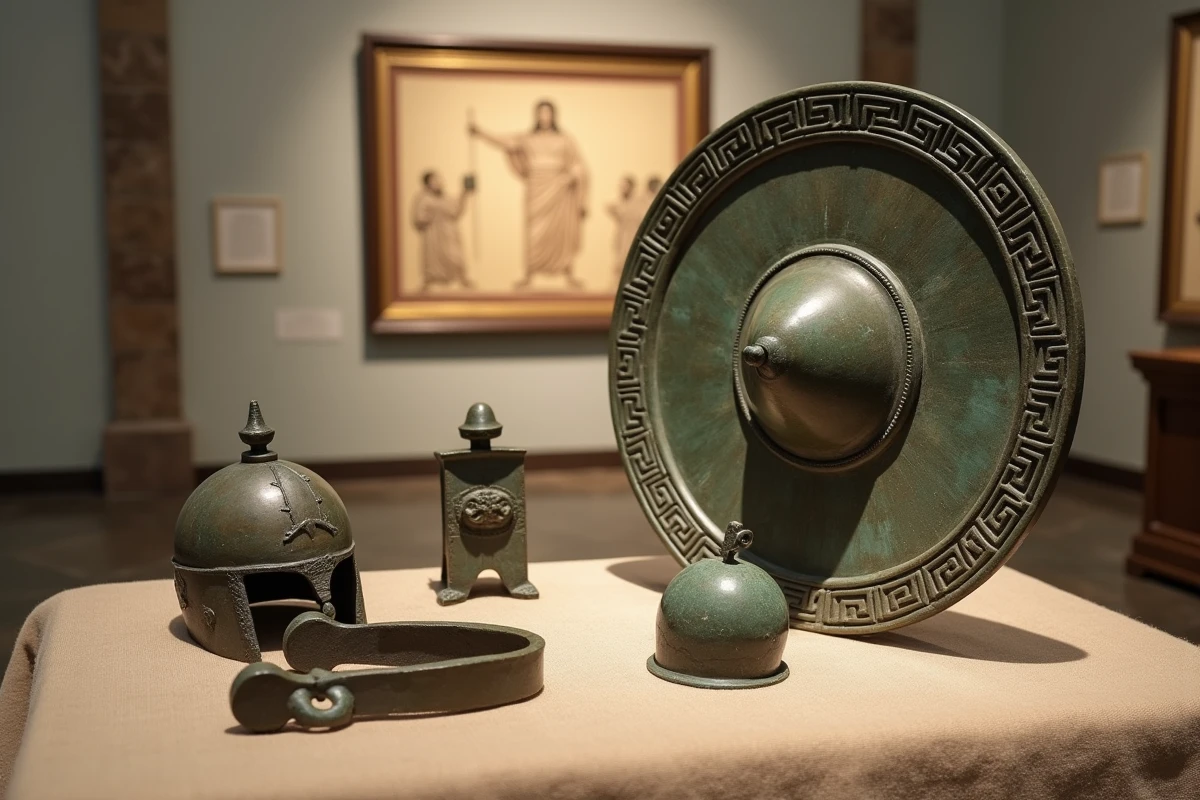 Artefacts grecs antiques en bronze et fer exposés dans un musée, illustrant le travail d'Héphaïstos dieu de la forge