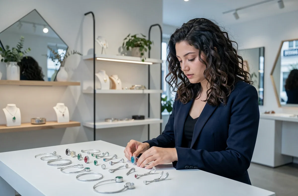 Créatrice de L'Atelier d'Amaya présentant ses bijoux artisanaux dans une boutique contemporaine