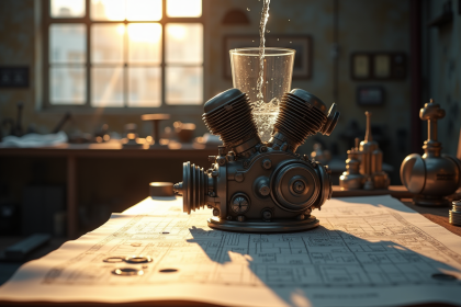 Table de travail vintage avec plans et pièces mécaniques