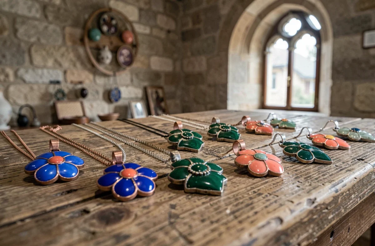 Bijoux émaillés artisanaux d'Au Fil d'Emaux sur bois patiné avec cadre architectural de Moissac