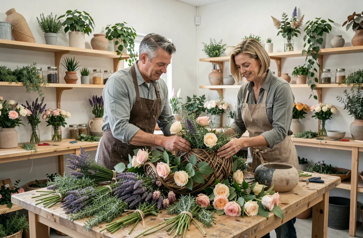 Deux fleuristes créatifs travaillant ensemble sur une composition florale sensorielle dans l'atelier Autour des Sens