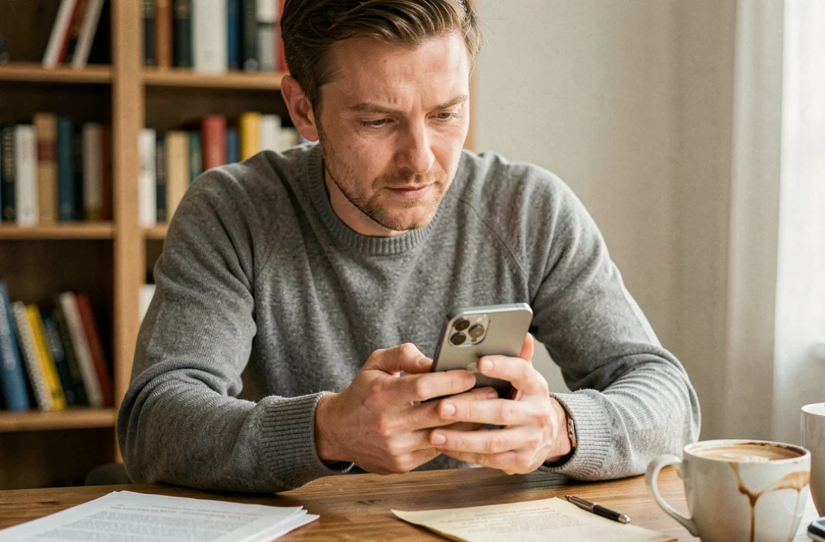 Homme tenant un iPhone 16e et l'examinant attentivement après un an d'utilisation, assis à un bureau en bois avec carnet de notes et café