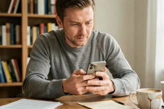 Homme tenant un iPhone 16e et l'examinant attentivement après un an d'utilisation, assis à un bureau en bois avec carnet de notes et café