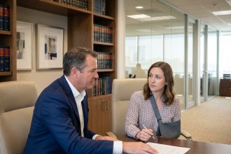 Avocat d'affaires en discussion avec une cliente dans un bureau moderne