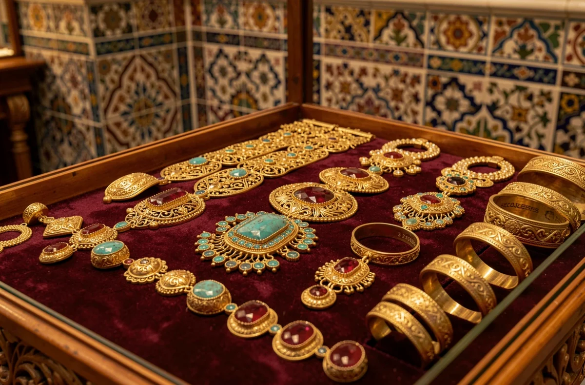 Vitrine de bijoux orientaux en or filigrane et pierres précieuses de la Bijouterie Hasrat à Toulouse