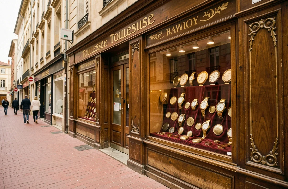 Devanture historique de la Bijouterie Pujol, institution toulousaine avec vitrines traditionnelles