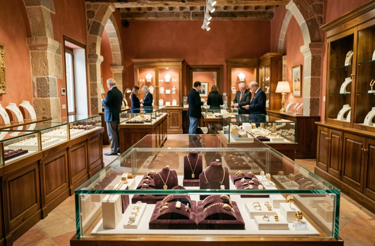 Intérieur d'une bijouterie artisanale en Occitanie avec vitrines de bijoux et décor en pierre