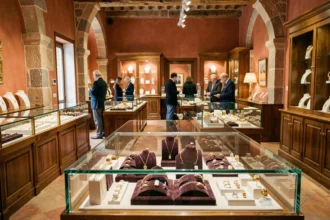 Intérieur d'une bijouterie artisanale en Occitanie avec vitrines de bijoux et décor en pierre
