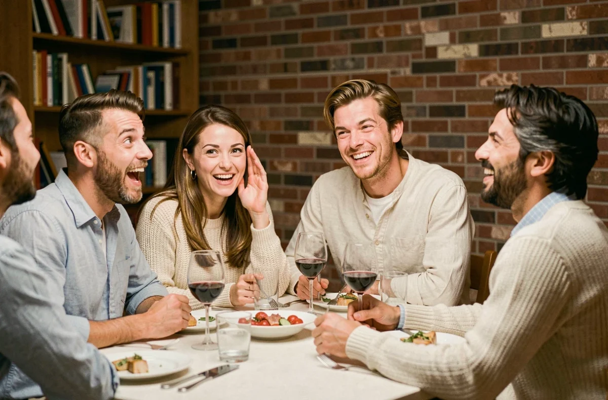Groupe d'amis autour d'une table de dîner réagissant à une blague d'humour noir avec des expressions mélangées d'amusement et de surprise