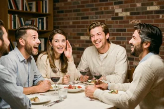 Groupe d'amis autour d'une table de dîner réagissant à une blague d'humour noir avec des expressions mélangées d'amusement et de surprise