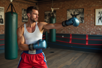 Jeune boxeur en pleine action lors d'un entraînement dans une salle authentique