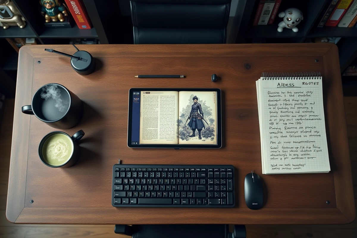 Vue aérienne d'un bureau organisé avec tablette affichant un roman de cultivation xianxia et notes manuscrites sur les personnages