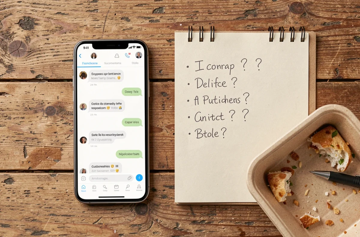 Vue de dessus d'un bureau avec téléphone et notes pour contacter le support Uber Eats