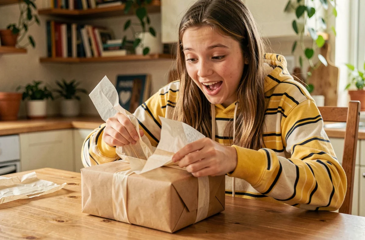 Adolescente de 16 ans qui déballe un cadeau avec surprise et joie dans une cuisine familiale chaleureuse