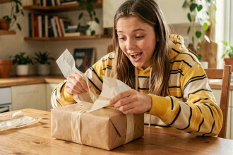 Adolescente de 16 ans qui déballe un cadeau avec surprise et joie dans une cuisine familiale chaleureuse