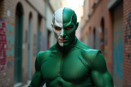 Cosplayer déguisé en Caméléon Marvel dans une ruelle urbaine, costume détaillé à masque bicolore distinctif