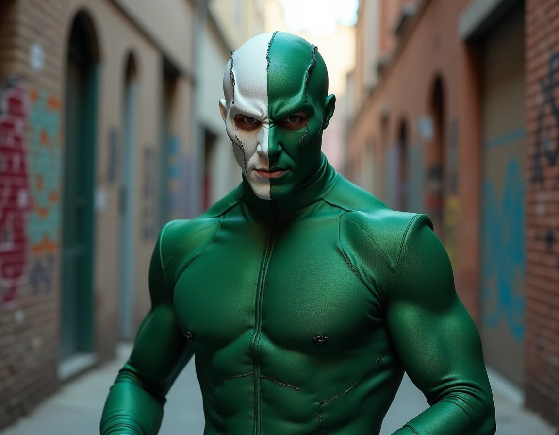 Cosplayer déguisé en Caméléon Marvel dans une ruelle urbaine, costume détaillé à masque bicolore distinctif