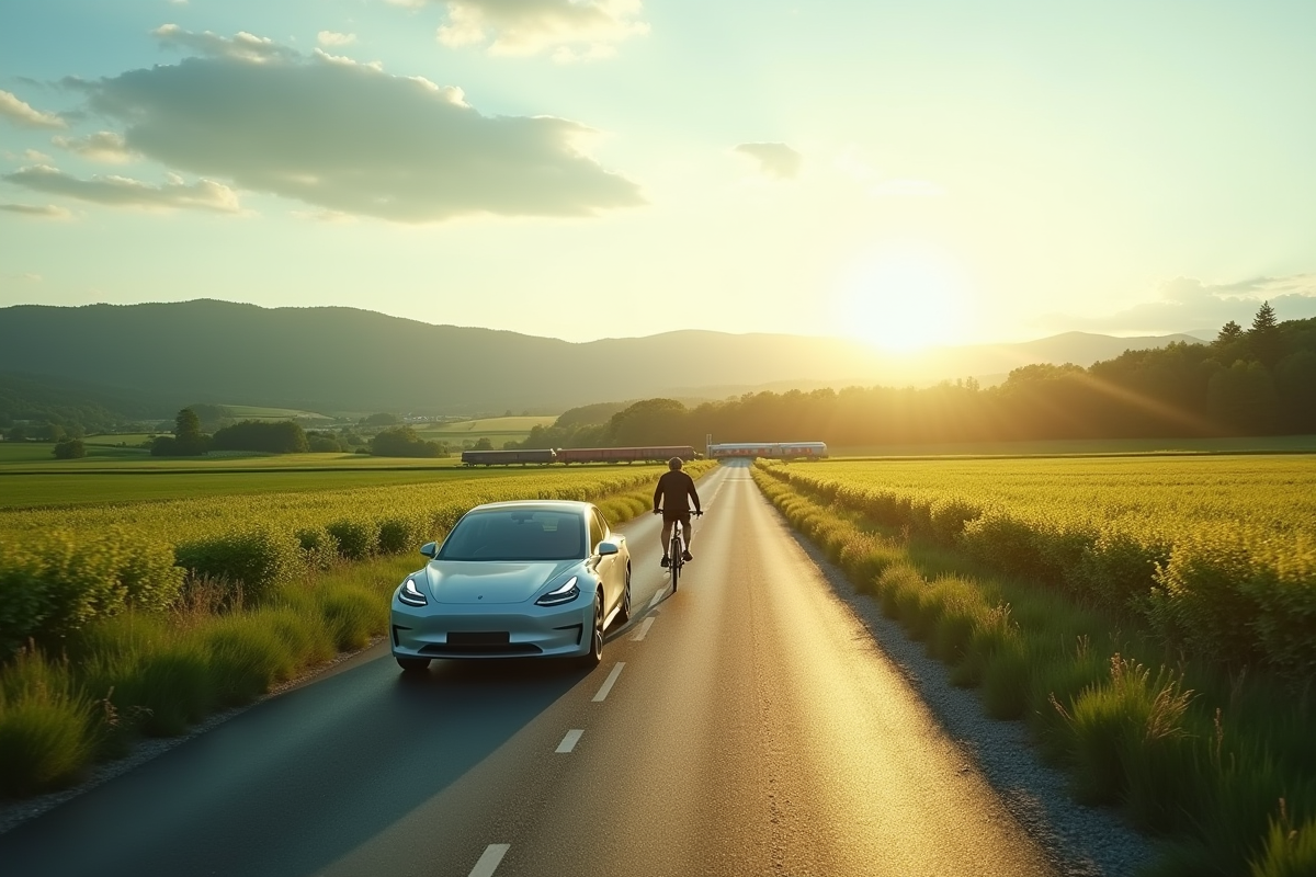 Route de campagne avec voiture electrique et train au loin