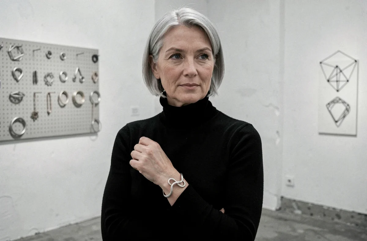 Artiste joaillière Carole Wiroth présentant un bracelet contemporain en argent dans son studio à Toulouse