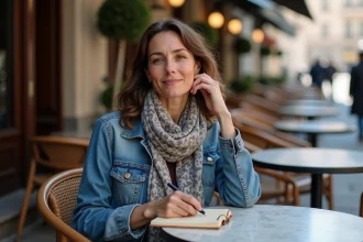 Chanteuse française tunisienne assise au café parisien
