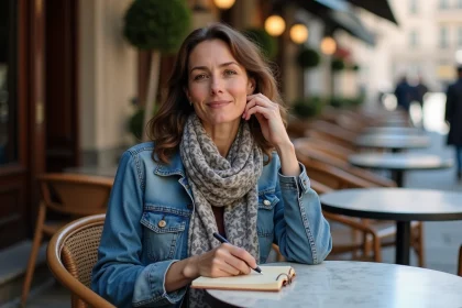 Chanteuse française tunisienne assise au café parisien