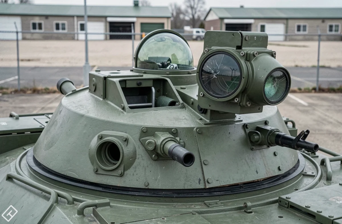 Détail de la tourelle du char Leclerc montrant les optiques thermiques, la coupole du commandant et les systèmes de visée panoramique