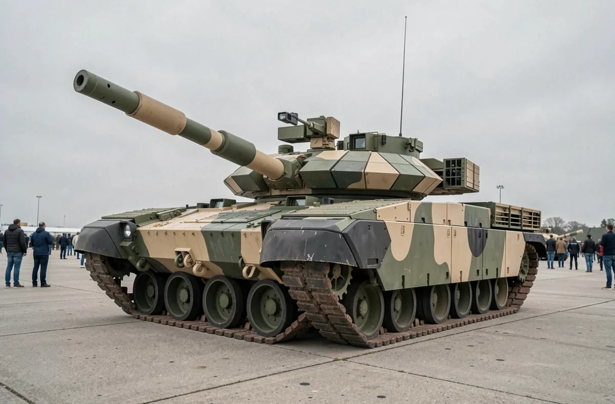 Char Leclerc exposé lors d'une démonstration militaire, vue 3/4 avant révélant le canon et les panneaux de blindage réactif