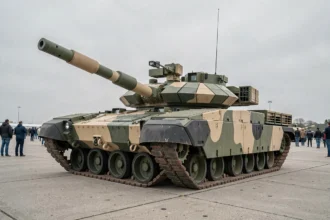 Char Leclerc exposé lors d'une démonstration militaire, vue 3/4 avant révélant le canon et les panneaux de blindage réactif