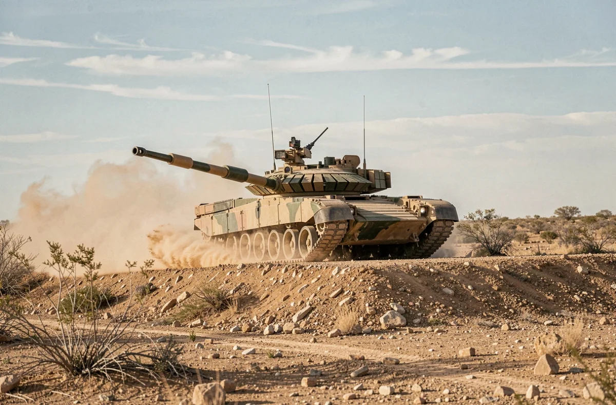 Char Leclerc en manœuvre sur un terrain d'entraînement aride, poussière soulevée par les chenilles lors d'une progression tactique