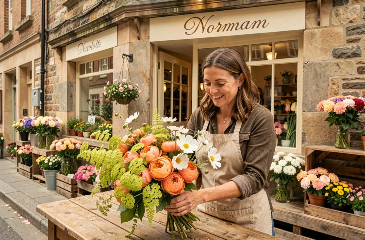 Fleuriste joyeuse arrangeant un bouquet de pivoines et cosmos devant la boutique Charlott' O Fleurs
